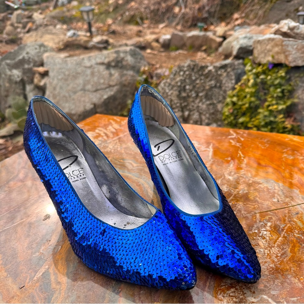 VINTAGE 90s Blue sequin prom heels - Picture 3 of 7